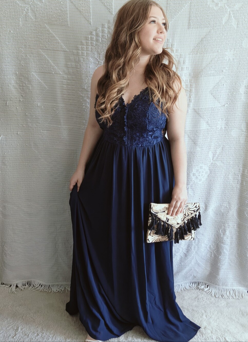 Soieblu Navy Blue Lace Bodice Tulle Maxi Dress Open Back Prom Gown Size Medium